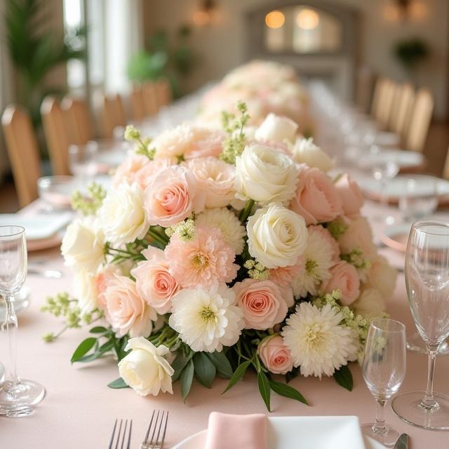 Pazar esküvői asztaldísz pasztell színű virágokból.